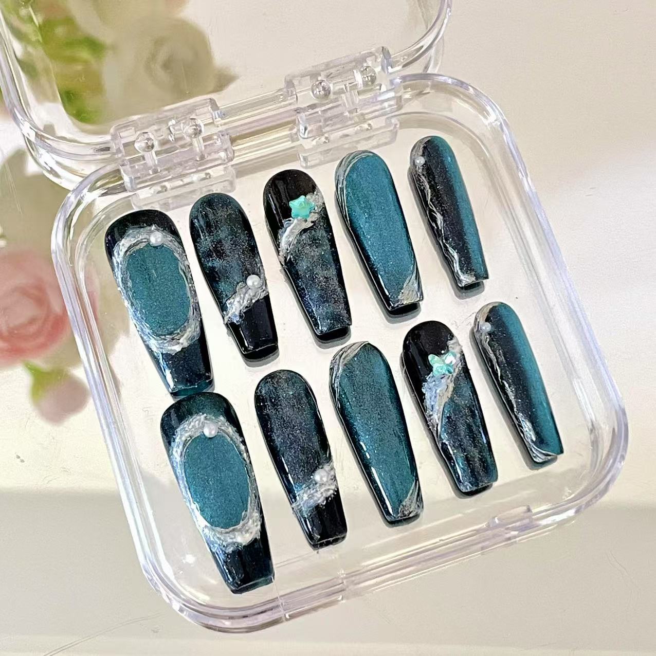 Press on Magic Nails Mysterious Sea 10 pcs Handmade Durable Shinning Design