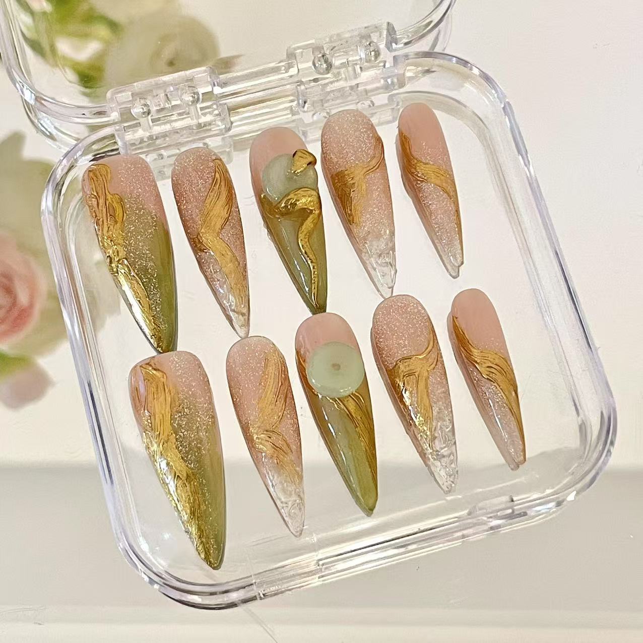 Press on Magic Nails Golden Snake 10 pcs Handmade Durable Shinning Design