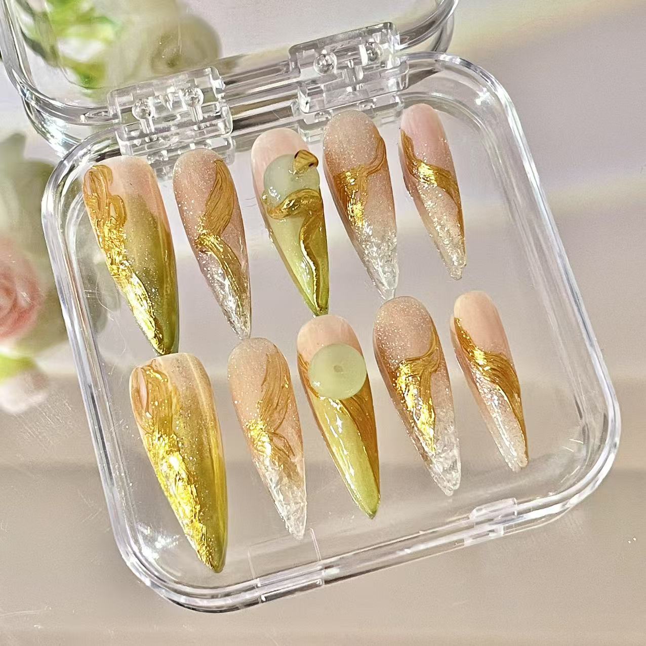 Press on Magic Nails Golden Snake 10 pcs Handmade Durable Shinning Design