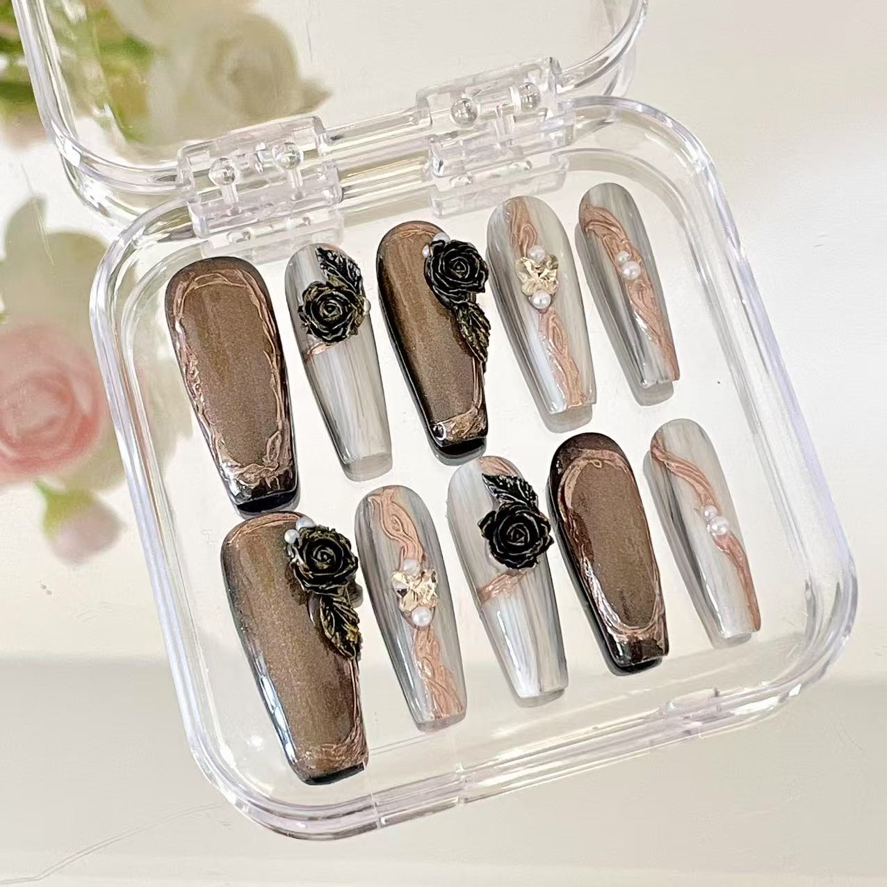 Press on Magic Nails Rose Dusk 10 pcs Handmade Durable Shinning Design
