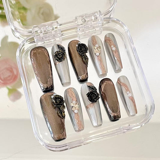 Press on Magic Nails Rose Dusk 10 pcs Handmade Durable Shinning Design