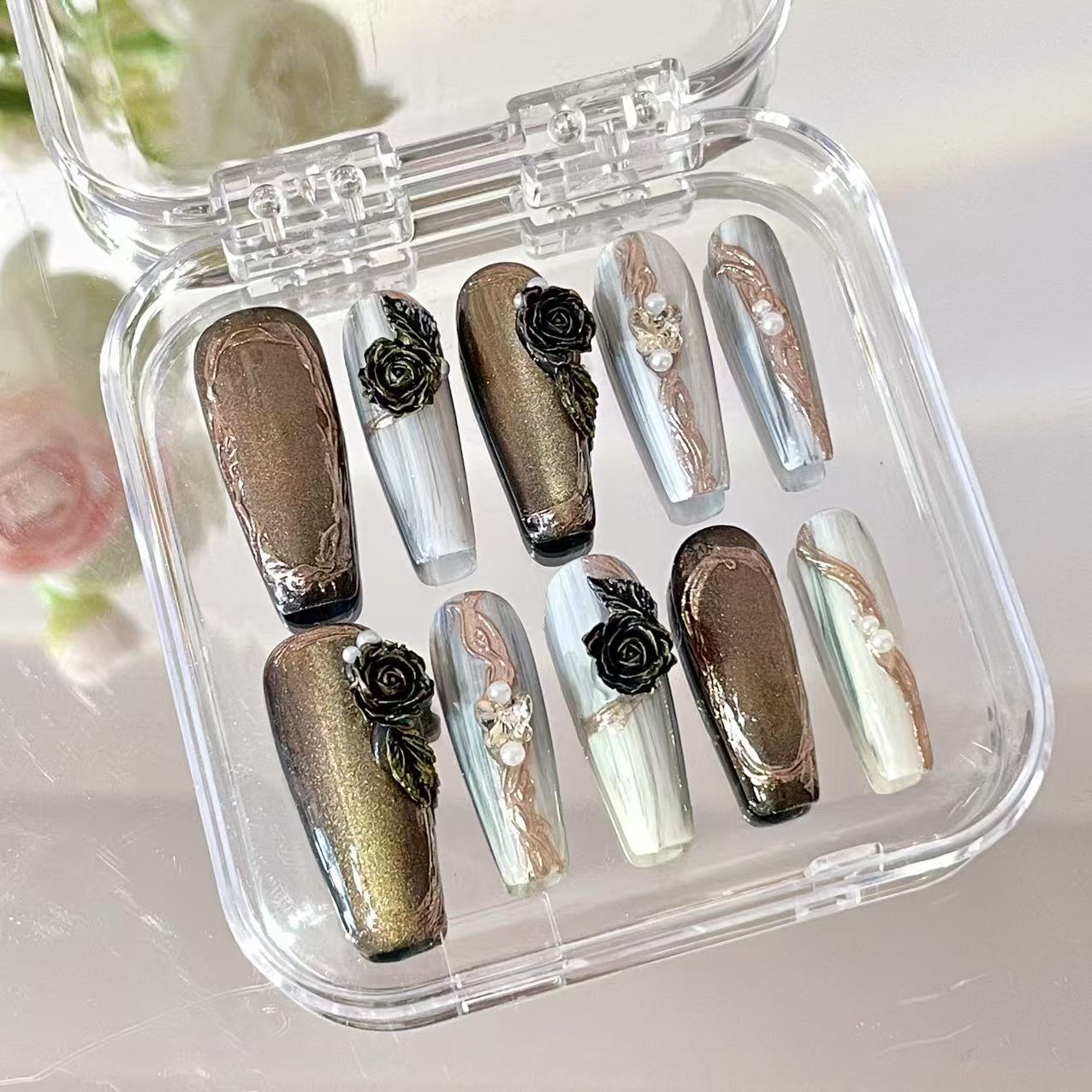 Press on Magic Nails Rose Dusk 10 pcs Handmade Durable Shinning Design